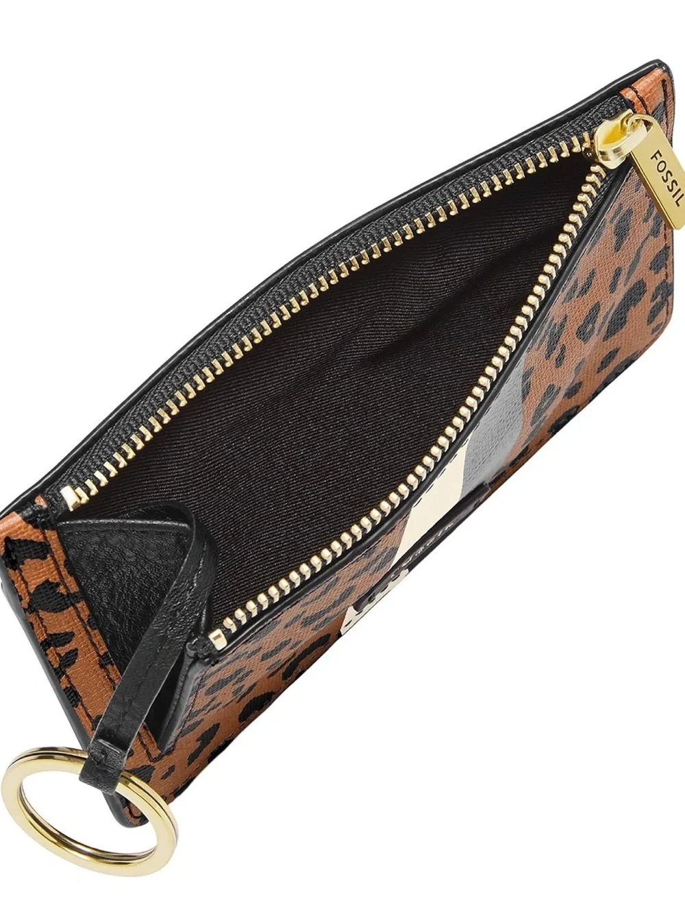Fossil Leopard Black White Stripe Zip Card Holder Gold Keyring